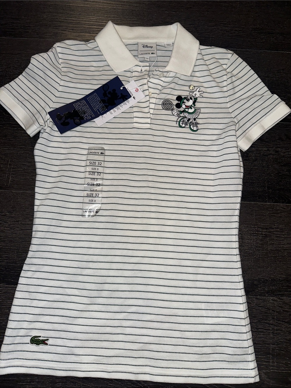 Lacoste Disney White Polo Top with Green Pinstripes and Tennis Minnie Embroidery